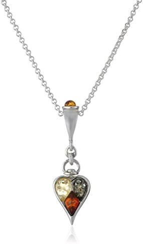 Multicolor Amber Sterling Silver Heart Pendant Necklace, 18"