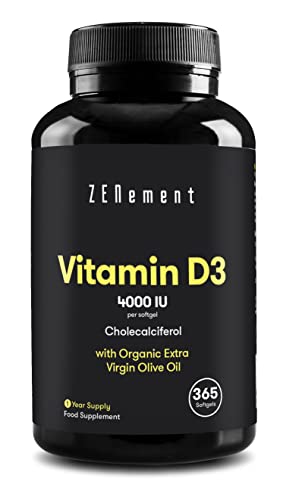 Vitamin D3 4000 IU, Full Year Supply, 365 Softgels | (Cholecalciferol), with Organic Extra Virgin Olive Oil | Bones, Muscles and Immune System | Soy Free, Non-GMO | Zenement