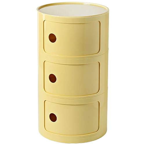 BxuxJar 3 Tier Round Nightstand with Drawers, Light Yellow Round Side Table Small Plastic Storage End Table Suitable for Bedroom, Living Room, Bathroom