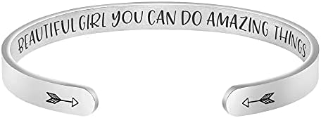 JoycuFF Birthday Gifts for Girlfriend Personalized Bracelets for Women Love Cuff Bangle with Mantra Message Beautiful Girl You Can Do Amazing Things Silver