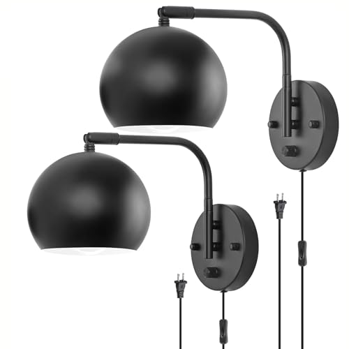 Juego de 2 lámparas de Pared Negras con Enchufe Regulable, Interruptor Giratorio de Encendido y Apagado y Brazo oscilante Ajustable para Sala de Estar, baño, Oficina y balcón.