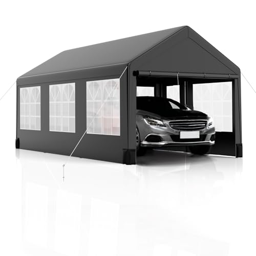 Image of 10'x20' Heavy-Duty Canopy Carport, Waterproof & UV-Resistant Garage Tent with 4 Load-Bearing Sandbags, Roll-Up Mesh Windows for Cars, Boats, and Outdoor Equipment