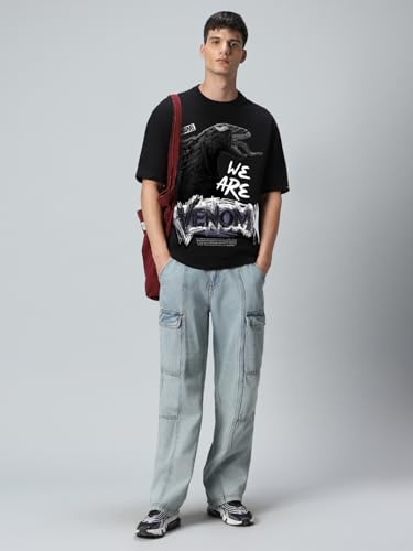 Image of Bewakoof X Marvel Venom Men's 100% Cotton Graphic Print Oversized Fit Half Sleeve Round Neck T-Shirt | Casual Wear | Street Wear | Oversized t Shirt for Men Cotton | Baggy