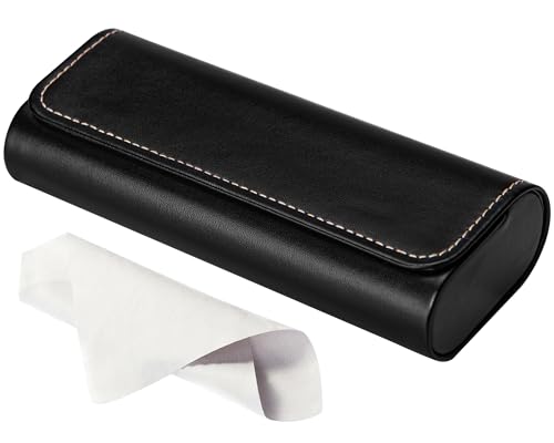 RayLove Glasses Case Hard Shell, Travel Sunglasses Case, Leather Hard Eyeglass Case for Women, Reading Glasses Case for Men (Faux Leather, Black)