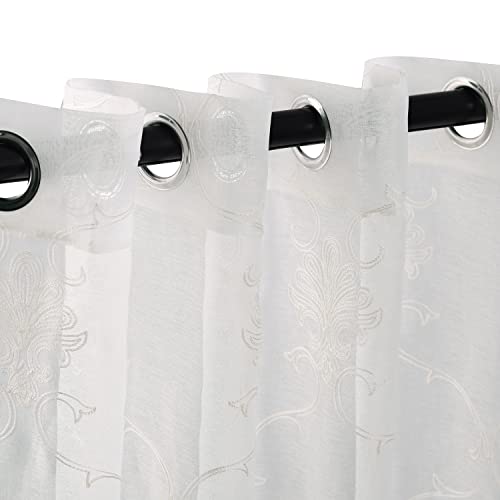 Superior Embroidered Elegant Scroll Sheer Curtains, Window Accents, Modern, Transtitional, Rustic, Bohemian, Diamond, Geometric, Lattice With Grommets, Curtain Set Of 2 Panels, 52" X 108", Ivory #TOP1