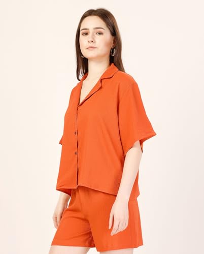 Image of Fashfun Women's Coord-Set (Solid Orange Crepe Collar Neck Shirt with Pant-Set of 2)