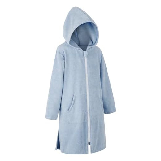 MissShorthair - Poncho de toalla para niños, cubierta de playa con capucha y bolsillo con cierre, bata de baño para niños y niñas, bata de baño de microfibra, Estilo cierre azul claro, 8-10 Años