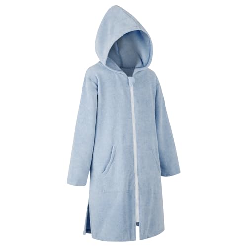 MissShorthair Hooded Towel Robe for Kid, Zipper Beach Cover Up, Swim Changing Robe for Boy, Girls Bath Towelling Poncho Light Blue 5-7 Years