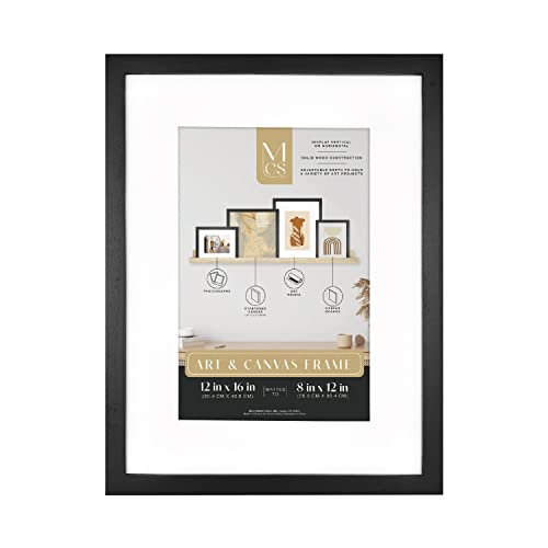 Image of MCS Gallery Wooden Frame for Canvas, Art Boards, Photos and more, Black, 12x16 with 8x12 Mat