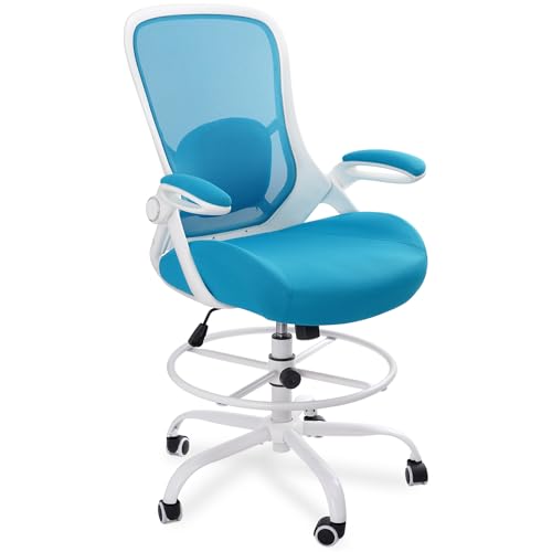 Image of HYLONE 400lbs Heavy Duty Drafting Chair 5 inch Thickened Seat Office Chair with Flip-Up Armrests Tall Ergonomic Computer Chair with Lumbar Support and Adjustable Footrest Ring Standing Desk Chair (Blue)