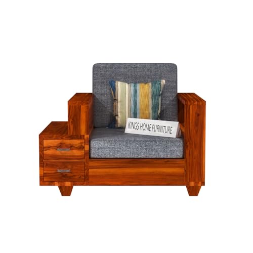 Image of Sheesham Wood Single Seater Sofa | 1 Seater Sofa with 2 Drawer Storage | Wooden Sofa Set Furniture for Living Room Home Office (1 Seater,Honey Finish)