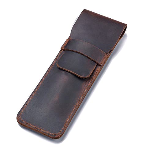 Borsgye Pens Pouch Leather Pen Protective Sleeve Cover Crazy Horse Leather Handmade Fountain Multi Pen Case Holder – Dark Brown Small