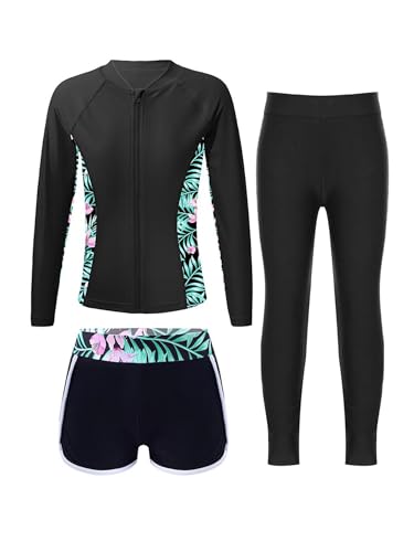 Eandarui Girls Rash Guard Sets Long Sleeve Zipper Swimwear Jacket with Shorts Leggings Kids Full Body Swimsuit Black 6 Years