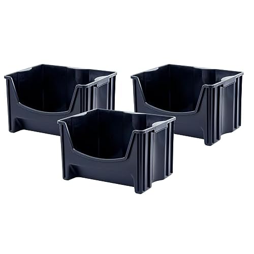 Mighty Tuff Jumbo Stackable Storage Bins, Pack of 3, Easy-Access Storage, Large Easy-To-Grip Handles, Wide Front Opening, Interlocking, Stack Vertically, Black