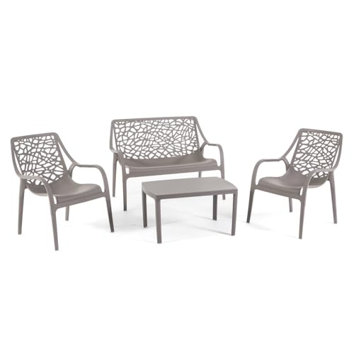 Set / Salon de jardin et extérieur en polypropylène avec fibre de verre 4 places, canapé deux places, 2 fauteuils et table basse, empilable, imperméable,...