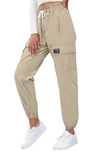 SANGTREE Girls Cargo Pants,Elastic Waist Drawstring Loose Tapered Multi Pockets Cargo Jogger Pants for Girl,Khaki,3-4T=Tag 110