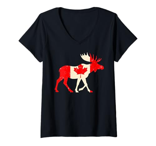 Mujer Maple Leaf Canada Day Wildlife Canadian Moose Flag Camiseta Cuello V