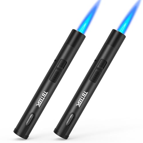TBTeek 2 Pack Torch Lighters, Refillable Butane Lighter with Safety Lock & Continuous Flame, Visible Fuel Window, Adjuatable Jet Flame Lighter for Candle, BBQ, Fireplaces, Black(Butane Not Included)