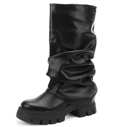 Kitulandy Womens Fold Over Boots Slouchy Platform Chunky Heels Ruched Mid Calf Boots