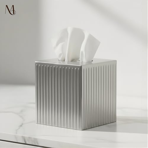 Monarch Abode Tissue Box Cover Square – Handcrafted Ridge Embossed Pewter Metal Tissue Holder Box for Bathroom Accessory, Aesthetic Decorative Facial Napkin Cube for Modern Home Decor by Monarch Abode - Image 5