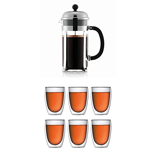 Bodum chambord Kaffeebereiter, 1.0l, glänzend, Pavina 6-teiliges Gläser-Set (Doppelwandig, 0.35 liters), transparent