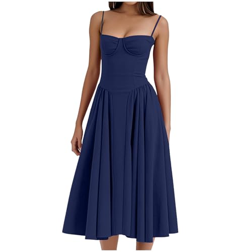Damen-Korsettkleid, elegant, Spaghettiträger, Midi-Kleid, fließender Plisseesaum, tiefer Schnitt, Ballkleid, Blumen-Bustier, navy, S