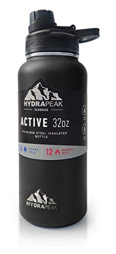 Hydrapeak BPA-Free Water Bottle, 32 oz. Vacuum Insulated Stainless Steel Thermos, Tumbler with Wide Mouth Flask and Leak-Proof Sport Spout Chug Lid Cap - Black