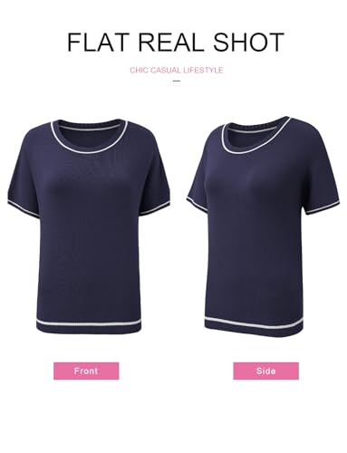 Image of SHEWIN Womens Tops Trendy Short Sleeve Shirts Crewneck Lightweight Knit Sweater Top Business Casual Outfits