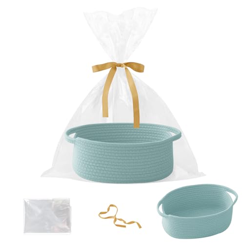Image of Woven Rope Basket - Baby Gift Basket with Bag & Ribbon, Aqua