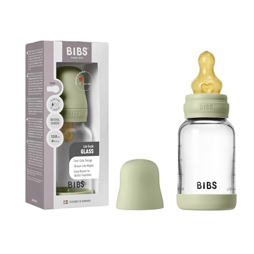 Image of BIBS Baby Glass Bottle. 4 US fl oz / 120 ml. Anti-Colic. Vented Round Natural Rubber Latex Nipple. Supports Natural Breastfeeding, Slow Flow, Complete Set - Sage
