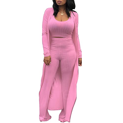 Image of Women's 2 Piece Outfits Set Ribbed Short Sleeve Casual Crop Top Wide Leg Pants Suit Set