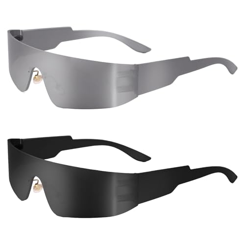 Sdfvsdg 2 Pcs Futuristic Wrap Around Sunglasses Y2K Fashion Trendy Rimless Glasses Punk Eyewear for Women Men