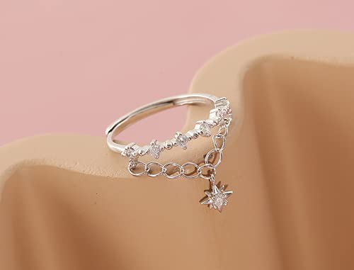 Dainty CZ Dangle Star chain Ring S925 Sterling Silver for Women Cubic Zirconia diamond Adjustable Statement Wedding Engagement Anniversary Rings Eternity Finger Band Dainty Jewelry Gifts for Her BFF3