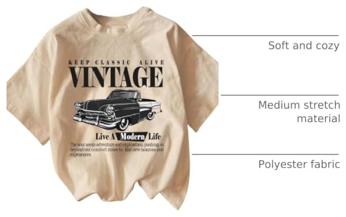 Image of RoseSeek Women's Graphic Letter Tee Crew Neck Drop Shoulder Trendy Summer T Shirt Short Sleeve Vintage Car Print Top
