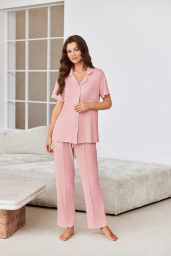 Image of Ekouaer Pajamas for Women Set Button Up Short Sleeve Pjs Sets With Pockets | Soft Womens Sleepwear,V Neck,Notch Collar,2 Piece Classic Loungewear With Long Pant for Sleep,Lounge,Fall