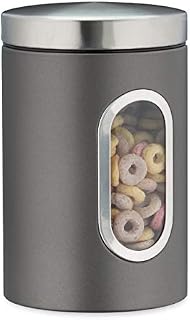 Relaxdays 10027647_111 Storage Canister, Lid, Window, 1.4 L, for Coffee, Flour, Pasta, Kitchen Pantry Container, Jar, Metal, Grey, Plastic