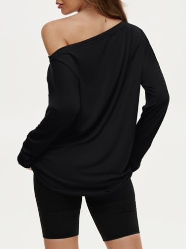 REORIA Womens Oversized Long Sleeve T Shirts 2025 Basic One Shoulder Neck Tee Fall Tops Casual Y2K Clothes4