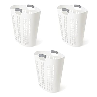 Gracious Living Easy Carry Flex Hamper, Large 87.5 Liter Lightweight Plastic Ventilated Laundry Basket Clothes Bin with Handles, White 3 Pack