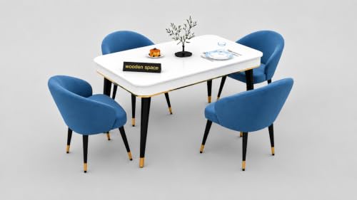 Image of WOODEN SPACE Majestic 4 Seater Wooden Dining Table Set | Urban Marble Top Dining Table with Chairs for Dining Room & Kitchen (Modern Classic Blue) (54 x 36 x 30 inch)