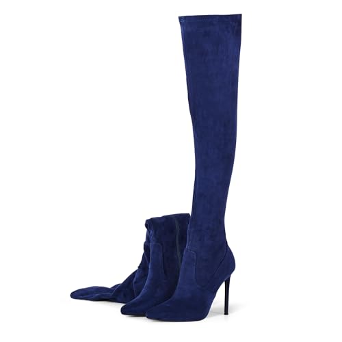 La Mejor Selección de Botas drag Queen comprados en linea. 32 Elisabet Tang Botas por encima de la rodilla para mujer, sexy, de tacón alto de aguja de 4.3 pulgadas, botas largas de ante con punta puntiaguda sobre la rodilla, Azul marino, 8...