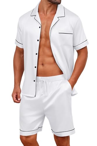 Vssjavun Mens Satin Silk Pajamas Sets Short Sleeve Button-Down Sleepwear Two Piece Loungewear with Pockets