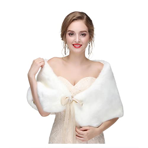 Bounzhi Women's Faux Fur Shawl Wraps Bridal Scarf Stoles Wedding Shrug Cover Up with Ribbon for Bride and Bridesmaids (White)