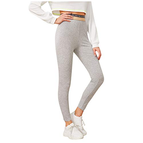KUKICAT Ladies Striped Waistband Letter Printing Elastic Fitness Running Toga Pants Grey