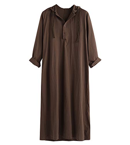 Kedera Mens Kaftan Hooded Robe Cotton Casual Loungewear Button Long Night Gown Shirt Thobe2
