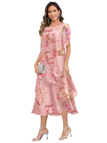 Tea Length Mother of The Bride Dresses for Women Short Sleeve Chiffon Tiered Formal Dress