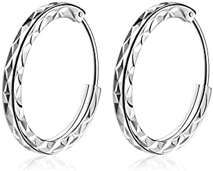 T400 Jewelers 925 Sterling Silver Diamond Cut Sleeper Small Large Hinged Hoop Earrings,Size:25 35 45 55 65mm