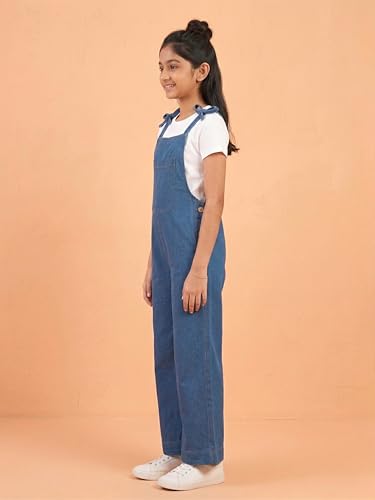 Image of KiddoPanti Girls Denim Dungaree Pant | Cotton Blend Stretch Jumpsuit | Single Front Pocket | Stylish Casual Kids Dungaree | Comfortable Everyday Wear 1-14 Years
