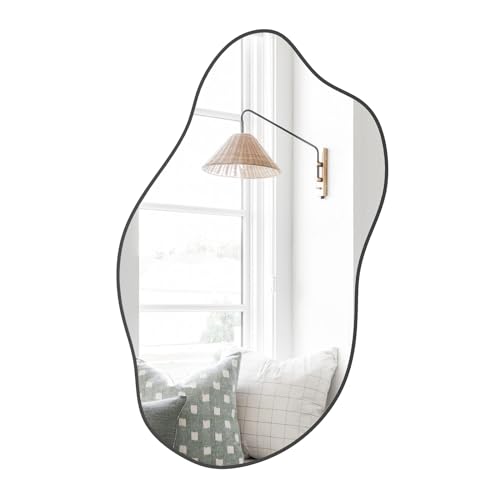 Gumcoly Asymmetrical Wall Mounted Mirror Irregular Wavy Mirror Black Bathroom