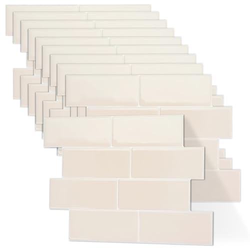 Self Adhesive Wall Tiles, 10 Sheets Tile Stickers Waterproof Oilproof Splashback Tiles 3D Peel PU Wall Sticker for Kitchen Bathroom DIY Home Decor, 29x21CM (Skin Color)