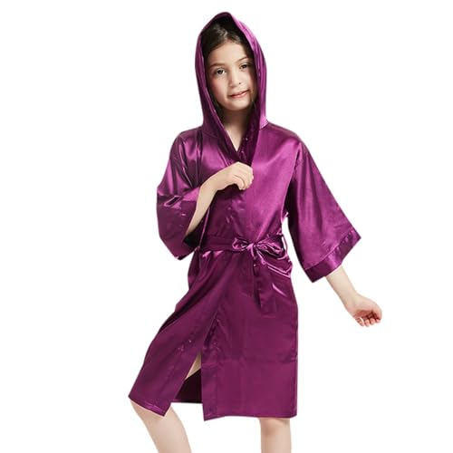 Generisch Albornoz de satén con capucha de seda para niños, kimono, bata de noche, vestido de dormir para niñas y niños, morado, 5-6 años